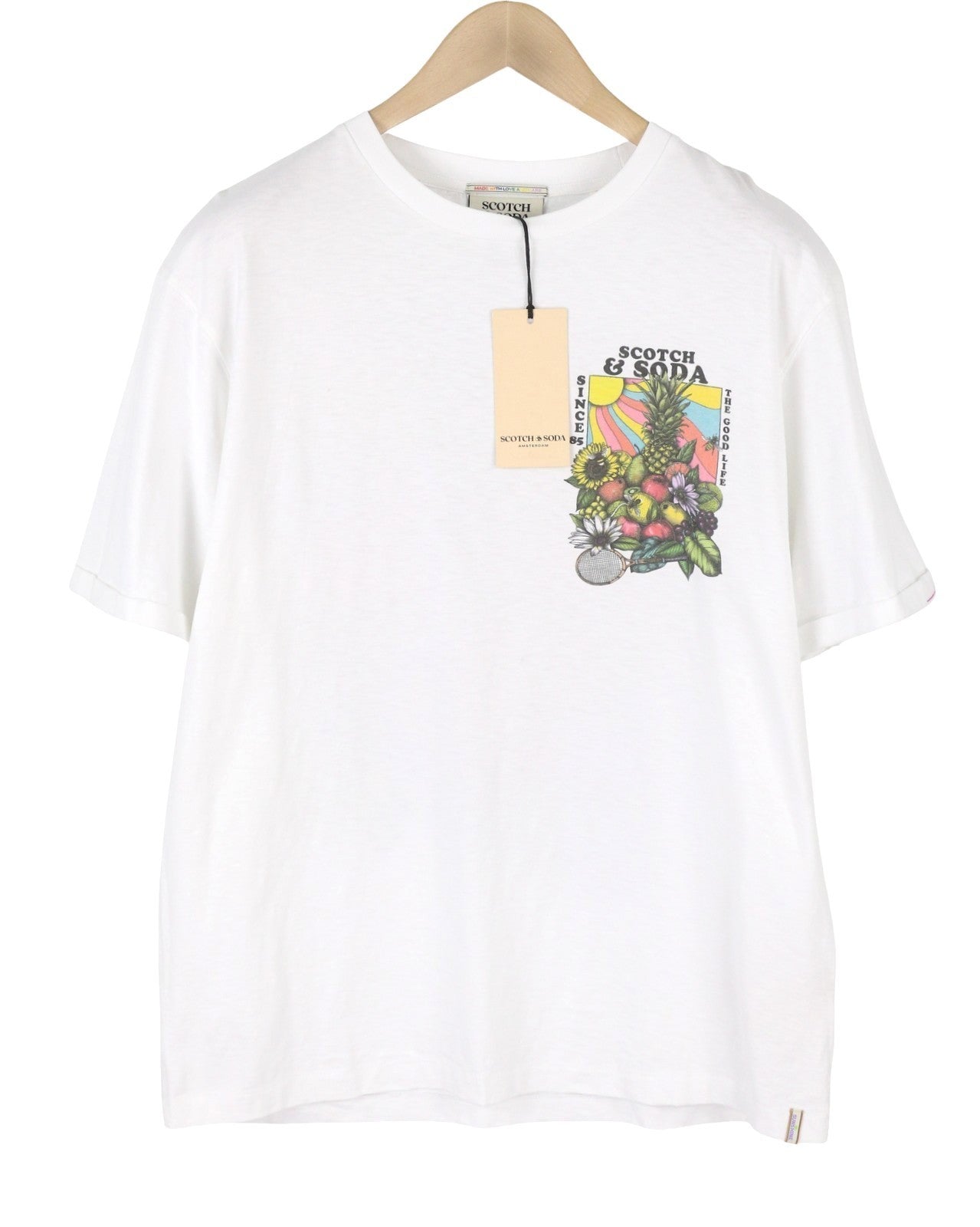 SCOTCH & SODA Men T-Shirt L White Cotton Tricot Crew Neck Short Sleeved