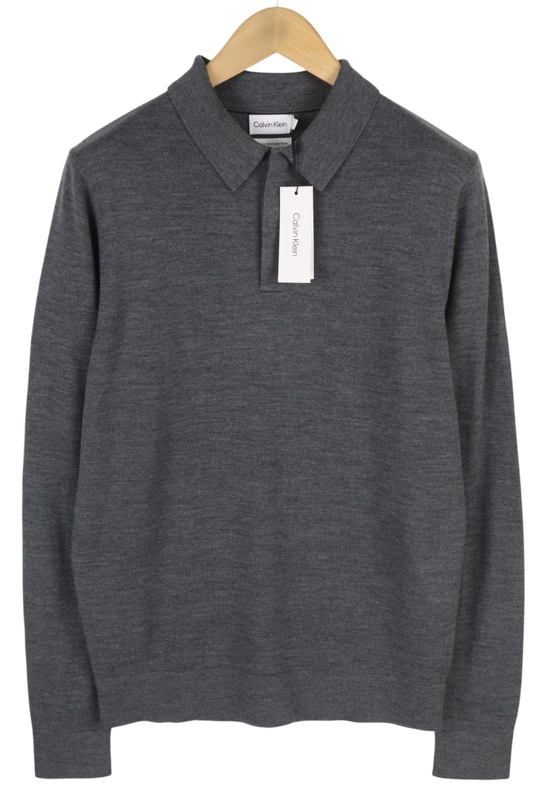CALVIN KLEIN Merino Polo Men Jumper M Grey Melange Wool Pullover RRP179