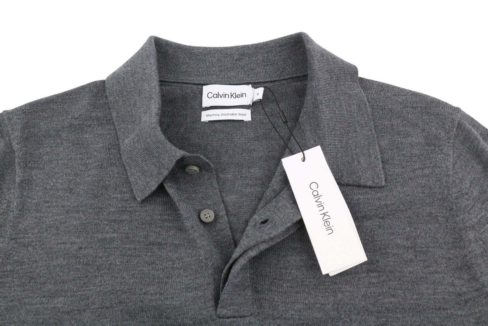 CALVIN KLEIN Merino Polo Men Jumper M Grey Melange Wool Pullover RRP179