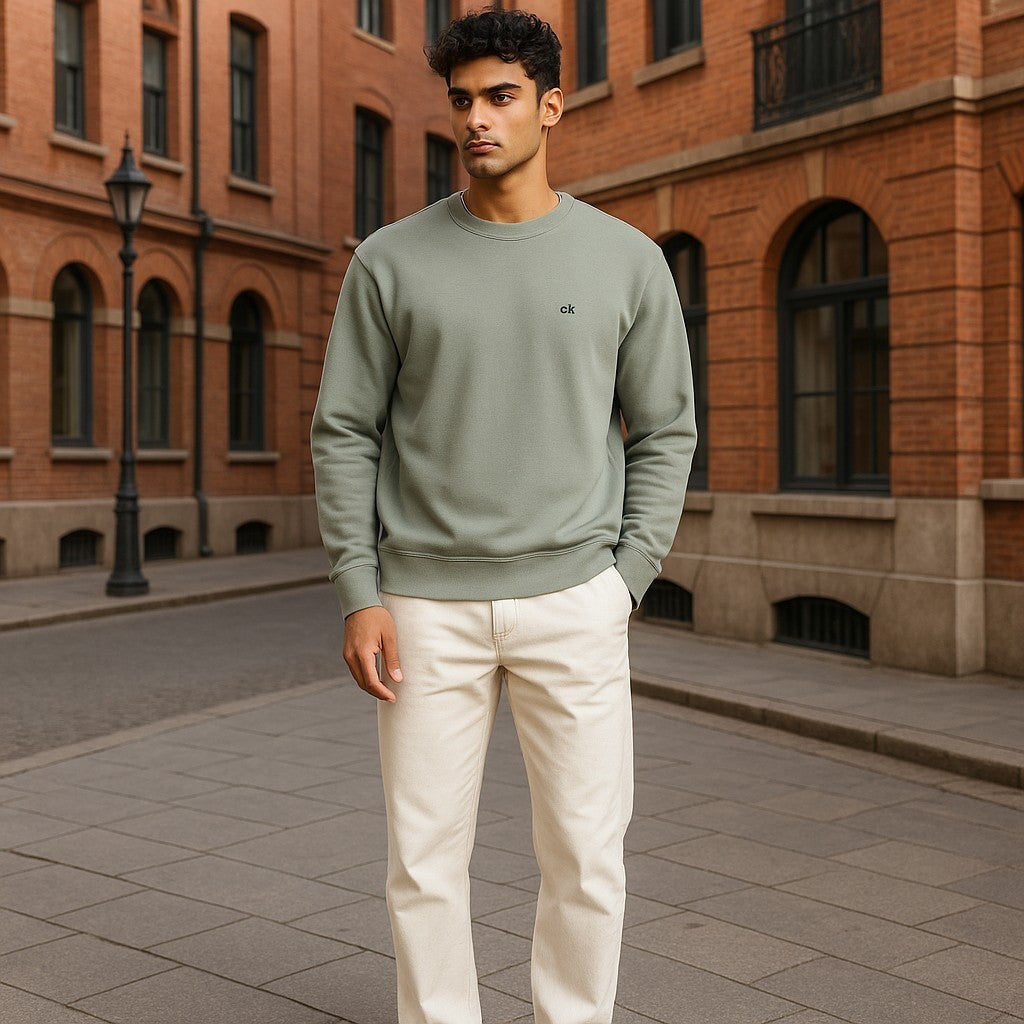 CALVIN KLEIN Cotton Silk Blend Cn Men Jumper L Light Green Knit Pullover
