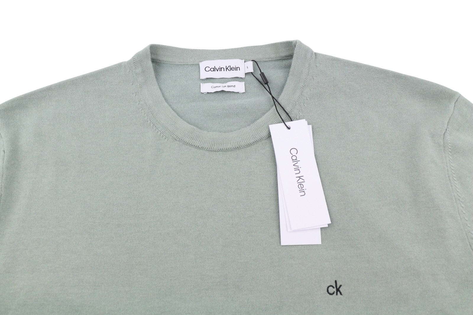 CALVIN KLEIN Cotton Silk Blend Cn Men Jumper L Light Green Knit Pullover