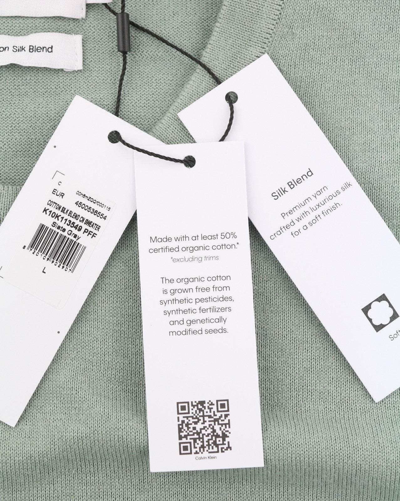 CALVIN KLEIN Cotton Silk Blend Cn Men Jumper L Light Green Knit Pullover