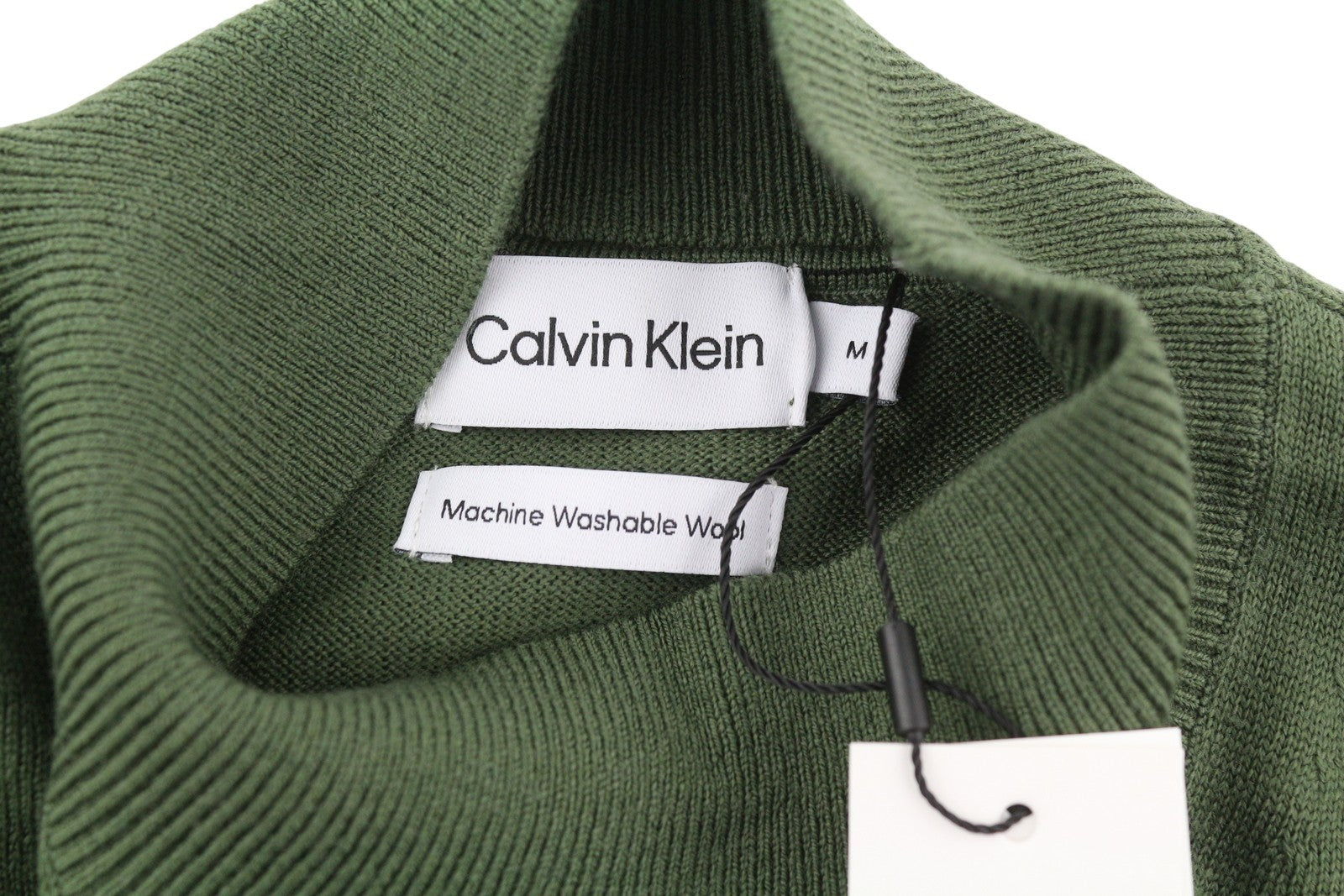 CALVIN KLEIN Merino Mock Neck Men Jumper M Green Wool Logo Knit