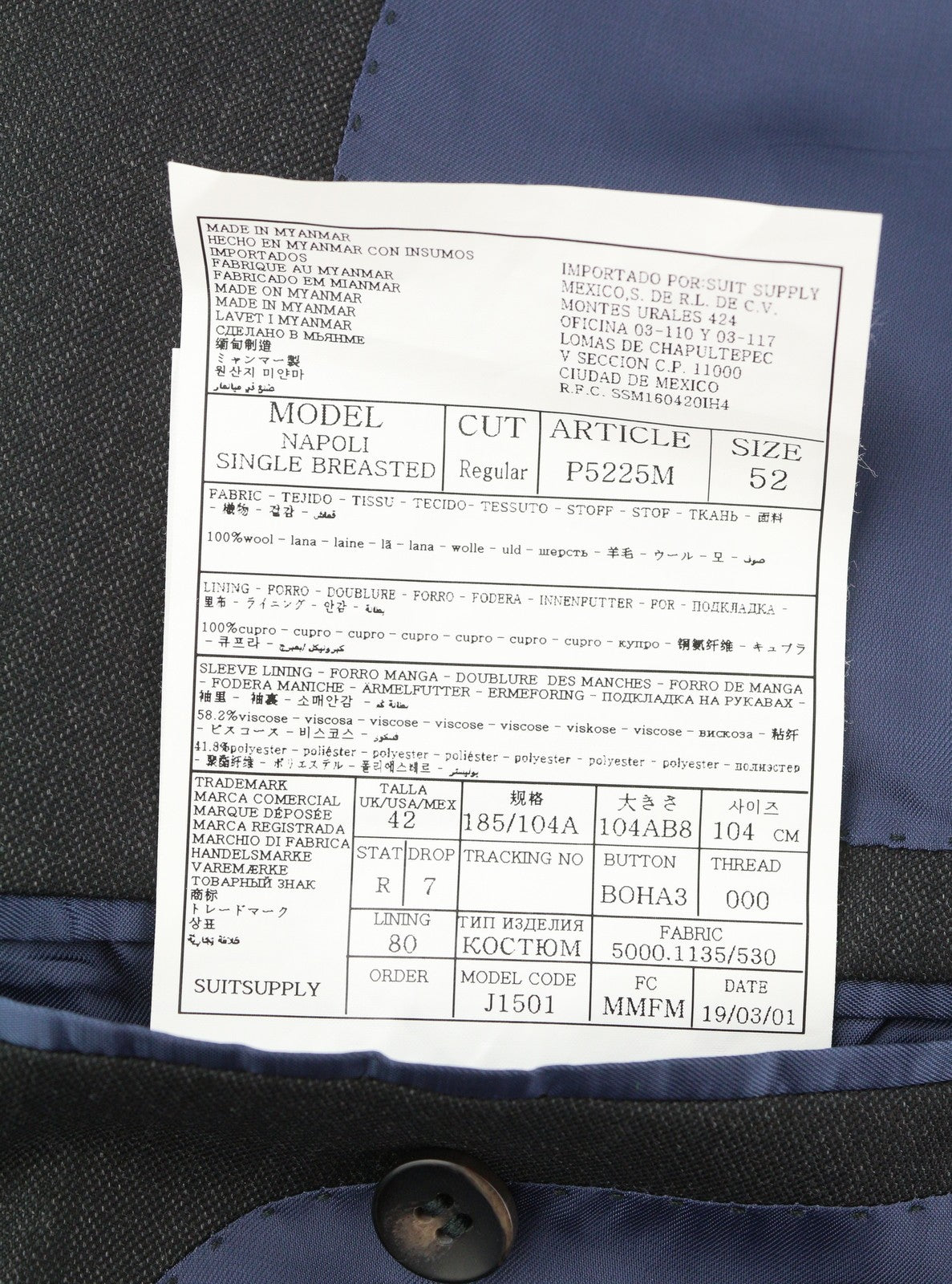 SUITSUPPLY Napoli Single Breasted Men Suit UK42R Dark Grey Wool 2 Pieces