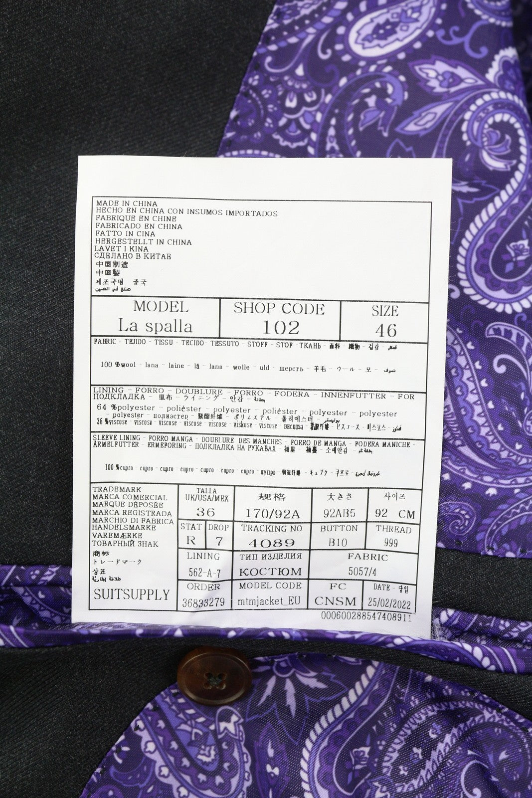 SUITSUPPLY La Spalla Men Suit UK36R Dark Grey Peak Lapel Wool