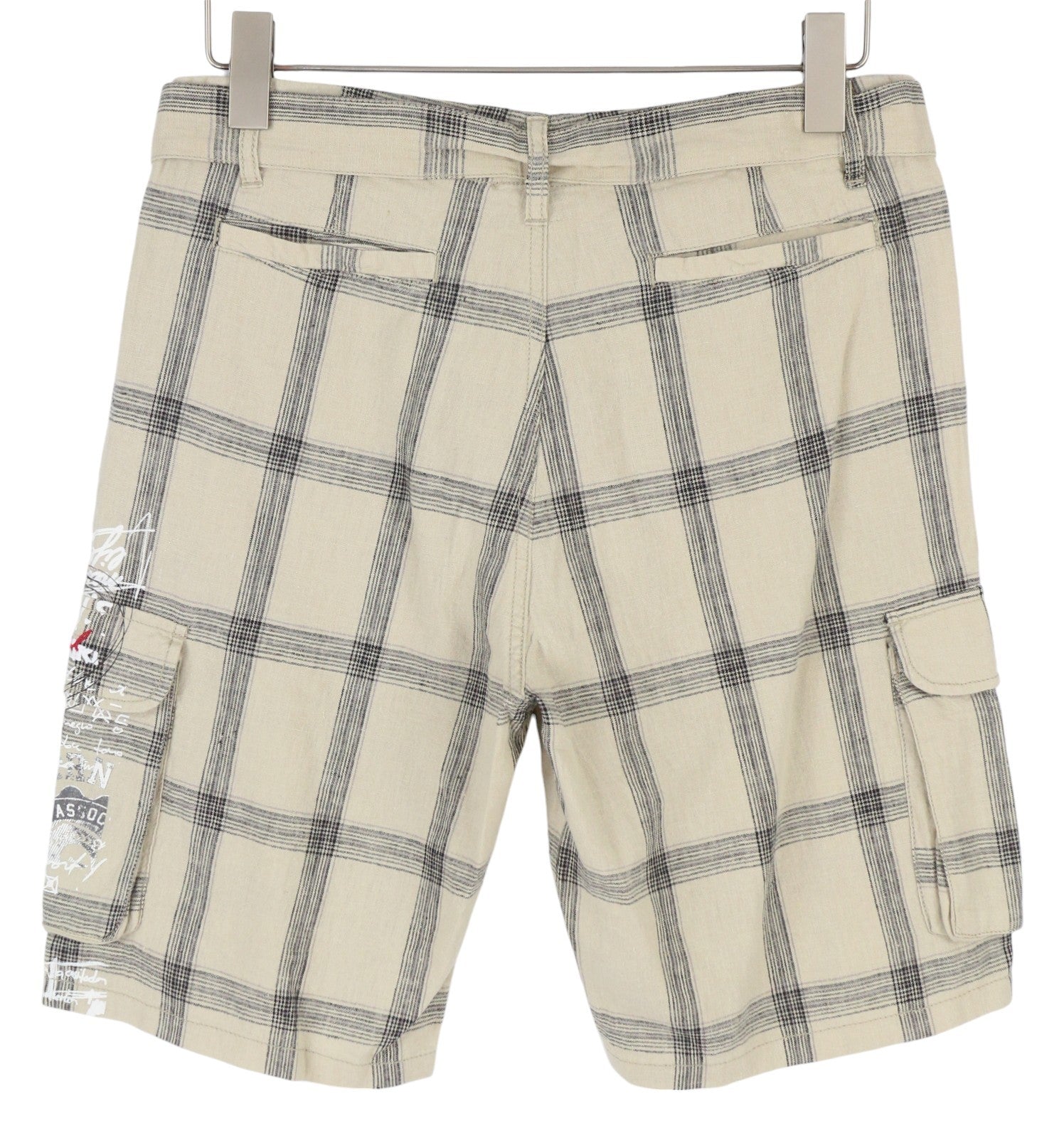 DESIGUAL Men Shorts W28 Beige Linen Blend Checked Belted Zip