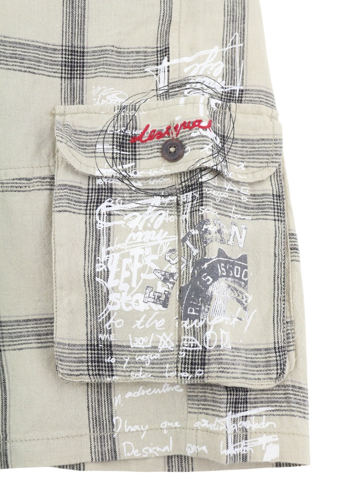 DESIGUAL Men Shorts W28 Beige Linen Blend Checked Belted Zip