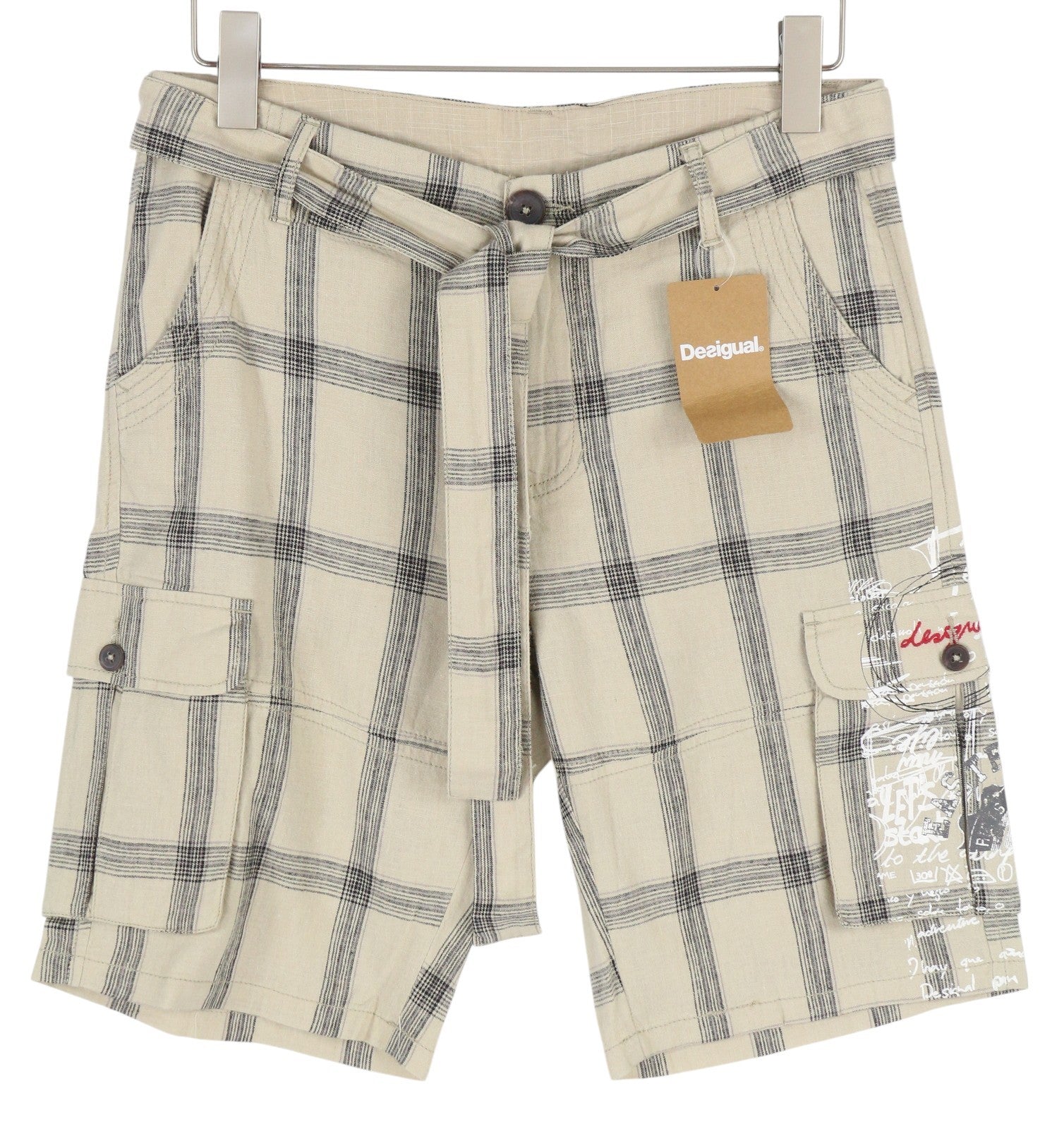 DESIGUAL Men Shorts W28 Beige Linen Check Belted Zipper