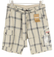 DESIGUAL Men Shorts W28 Beige Linen Check Belted Zipper