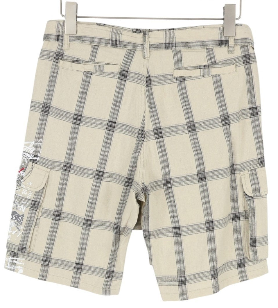 DESIGUAL Men Shorts W28 Beige Linen Check Belted Zipper