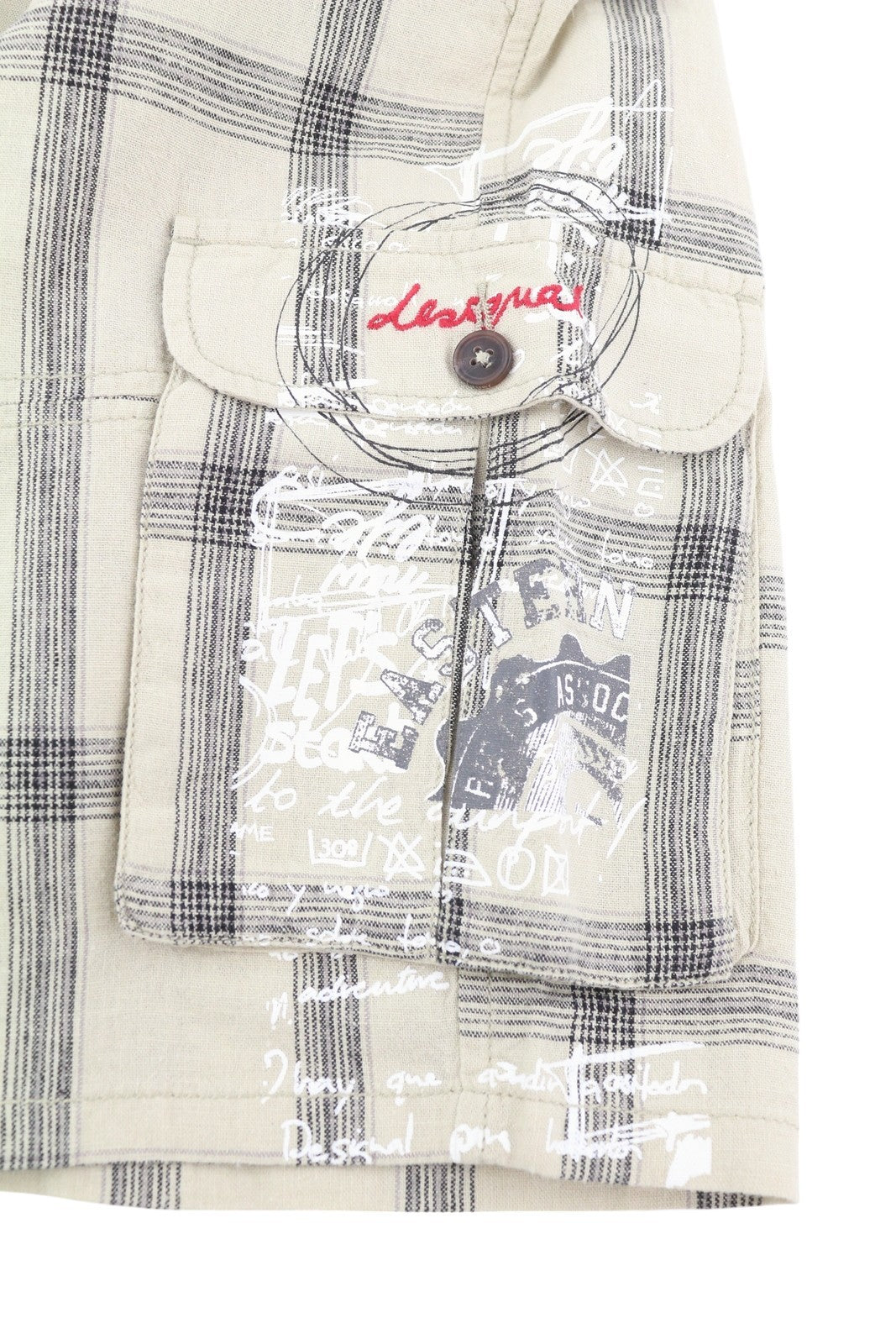 DESIGUAL Men Shorts W28 Beige Linen Check Belted Zipper