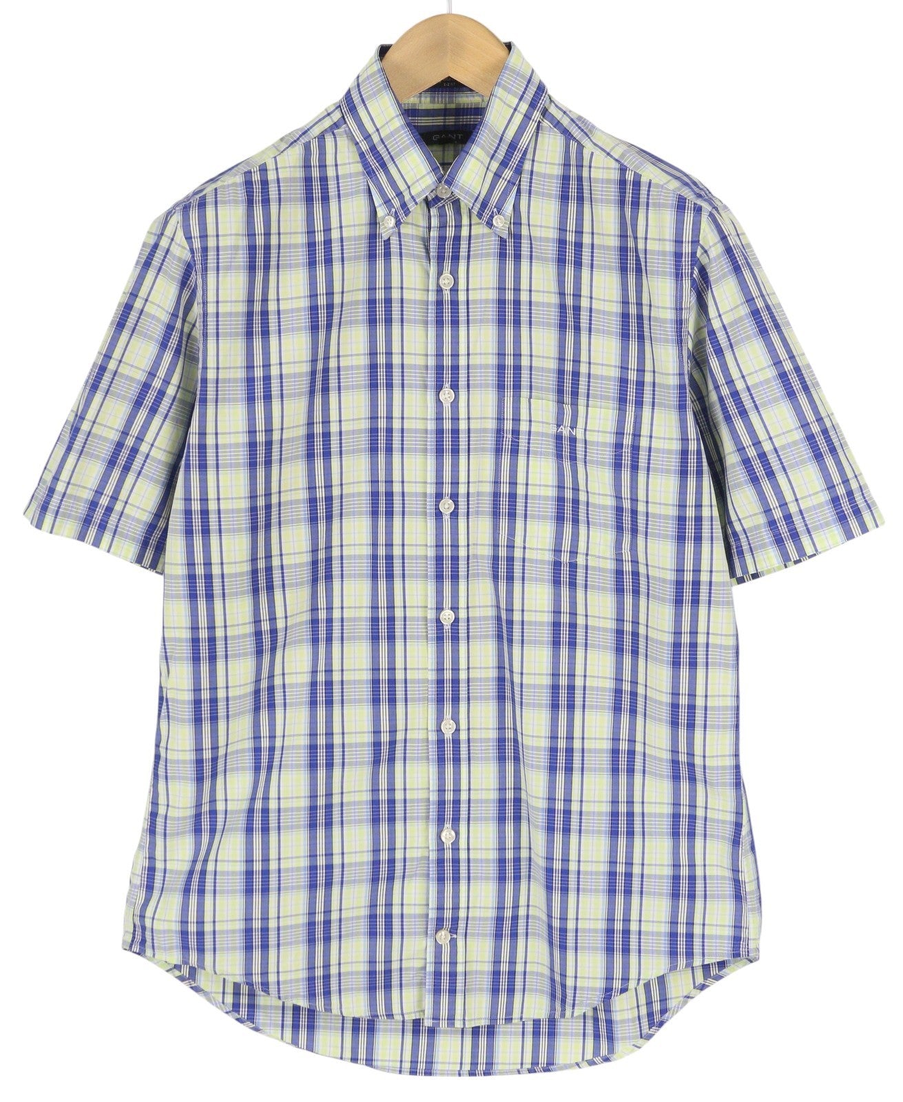 GANT Portofino Poplin Men Shirt M Blue Check E-Z Fit Short Sleeve