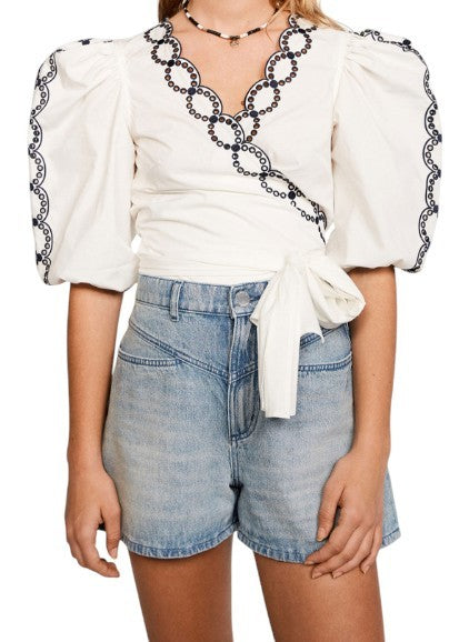 CLAUDIE PIERLOT Brigand Women Blouse 40 M White Wrapover Cotton Cropped RRP195