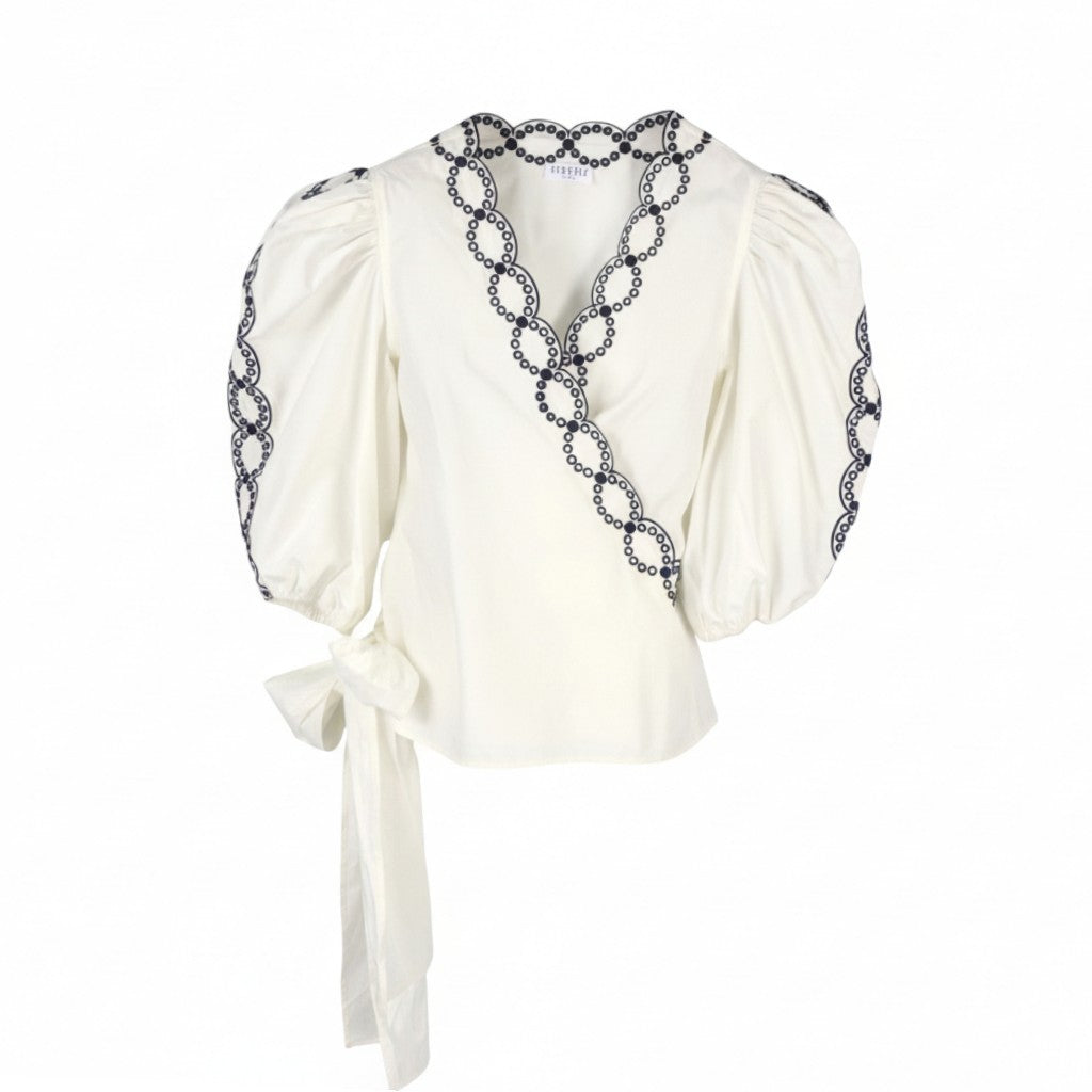 CLAUDIE PIERLOT Brigand Women Blouse 40 M White Wrapover Cotton Cropped RRP195