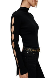 MAJE Modo Women Jumper 1 S Black Wool Blend Close-Fitting Openwork Sleeve RRP215