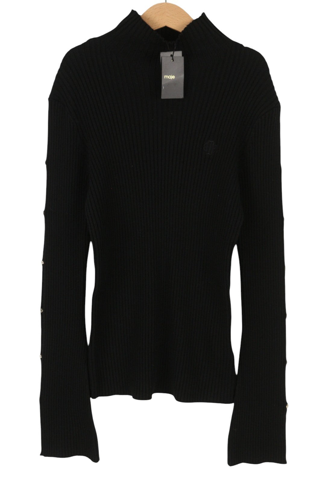 MAJE Modo Women Jumper 1 S Black Wool Blend Close-Fitting Openwork Sleeve RRP215