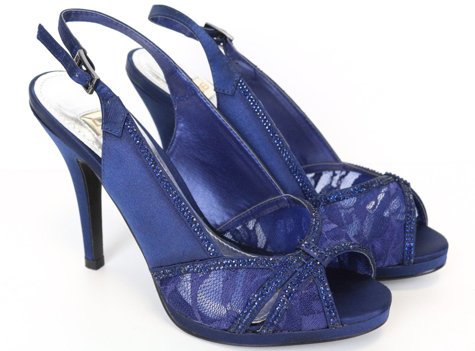 06 AUKSINIO LEIDIMO moteriški mėlyni aukštakulniai, 37 dydžio, su cirkoniais ir nėriniuotais bateliais atvira nosele 