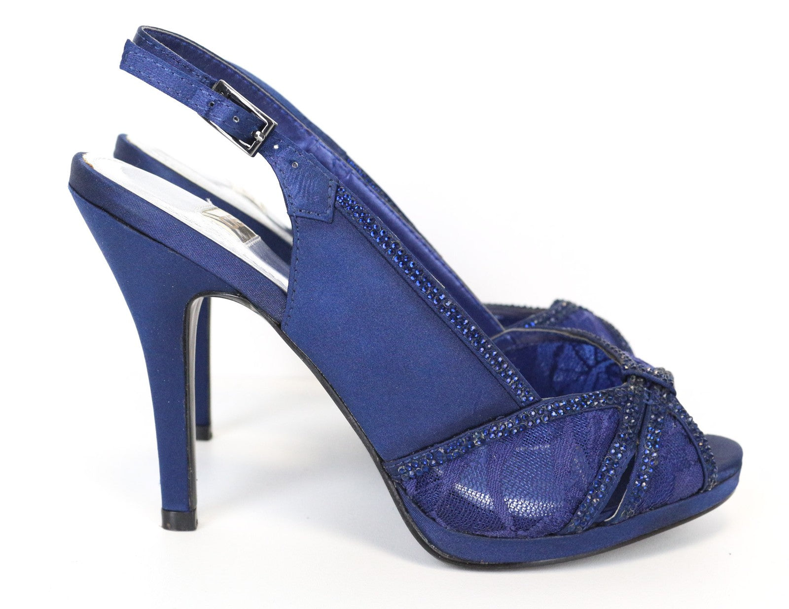 06 AUKSINIO LEIDIMO moteriški mėlyni aukštakulniai, 37 dydžio, su cirkoniais ir nėriniuotais bateliais atvira nosele 