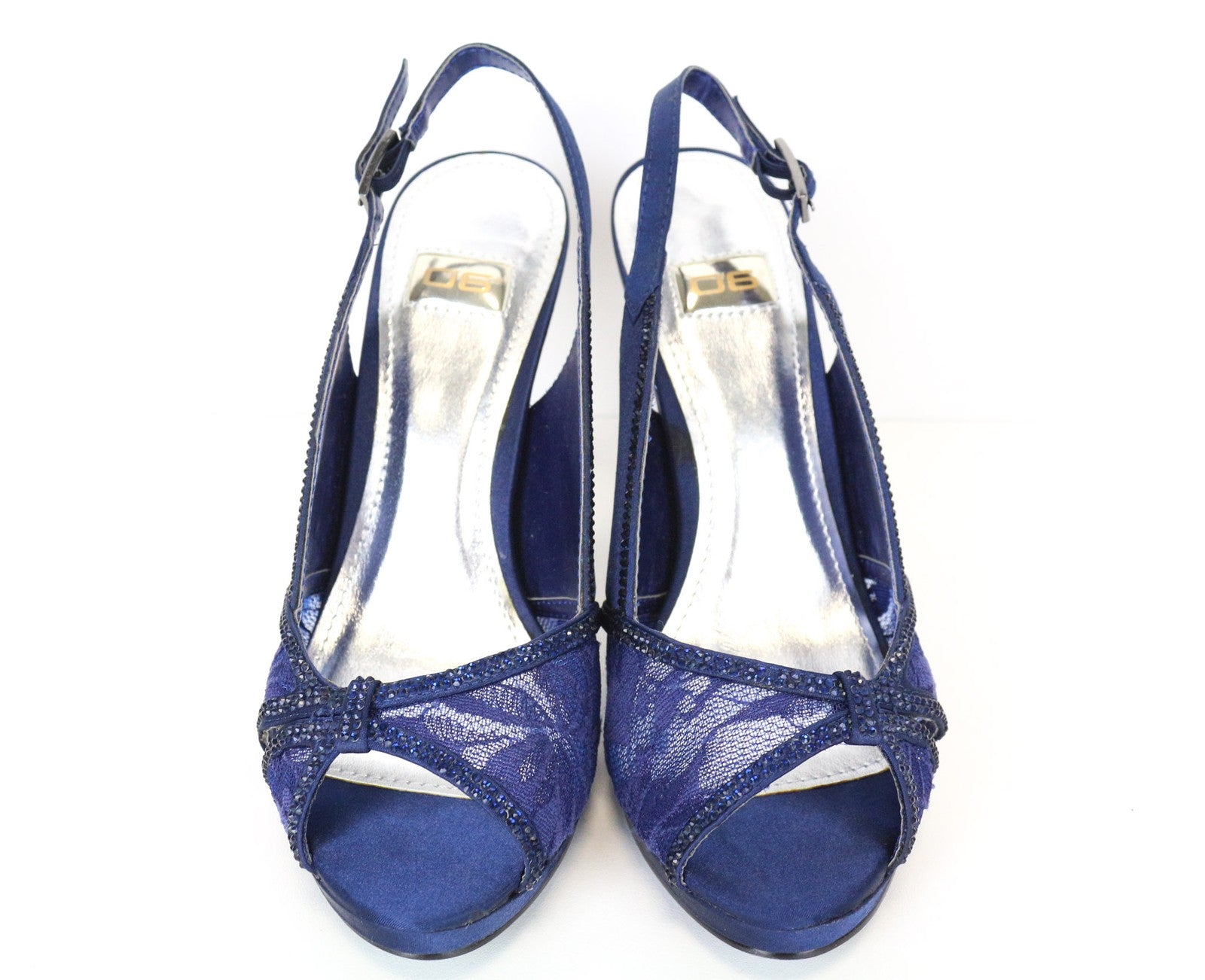 06 AUKSINIO LEIDIMO moteriški mėlyni aukštakulniai, 37 dydžio, su cirkoniais ir nėriniuotais bateliais atvira nosele 