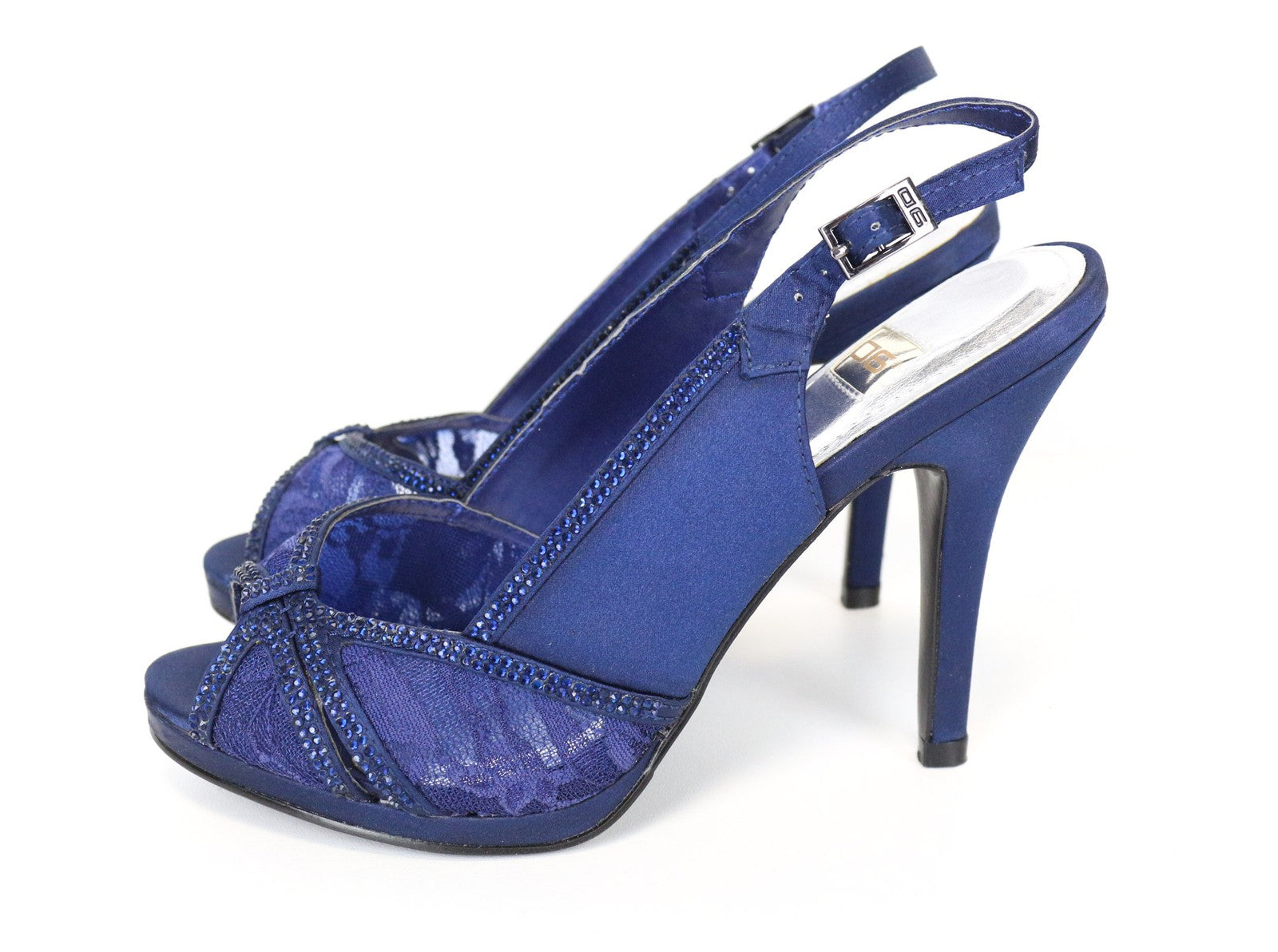 06 AUKSINIO LEIDIMO moteriški mėlyni aukštakulniai, 37 dydžio, su cirkoniais ir nėriniuotais bateliais atvira nosele 