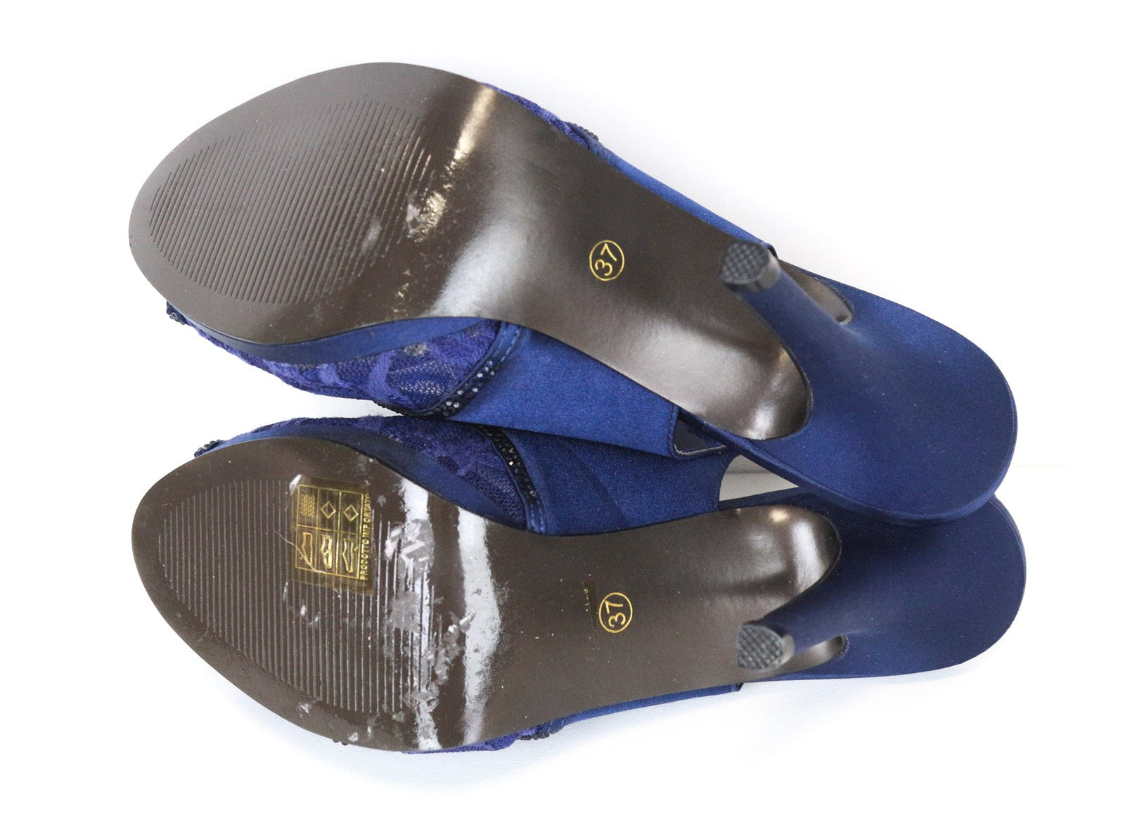 06 AUKSINIO LEIDIMO moteriški mėlyni aukštakulniai, 37 dydžio, su cirkoniais ir nėriniuotais bateliais atvira nosele 