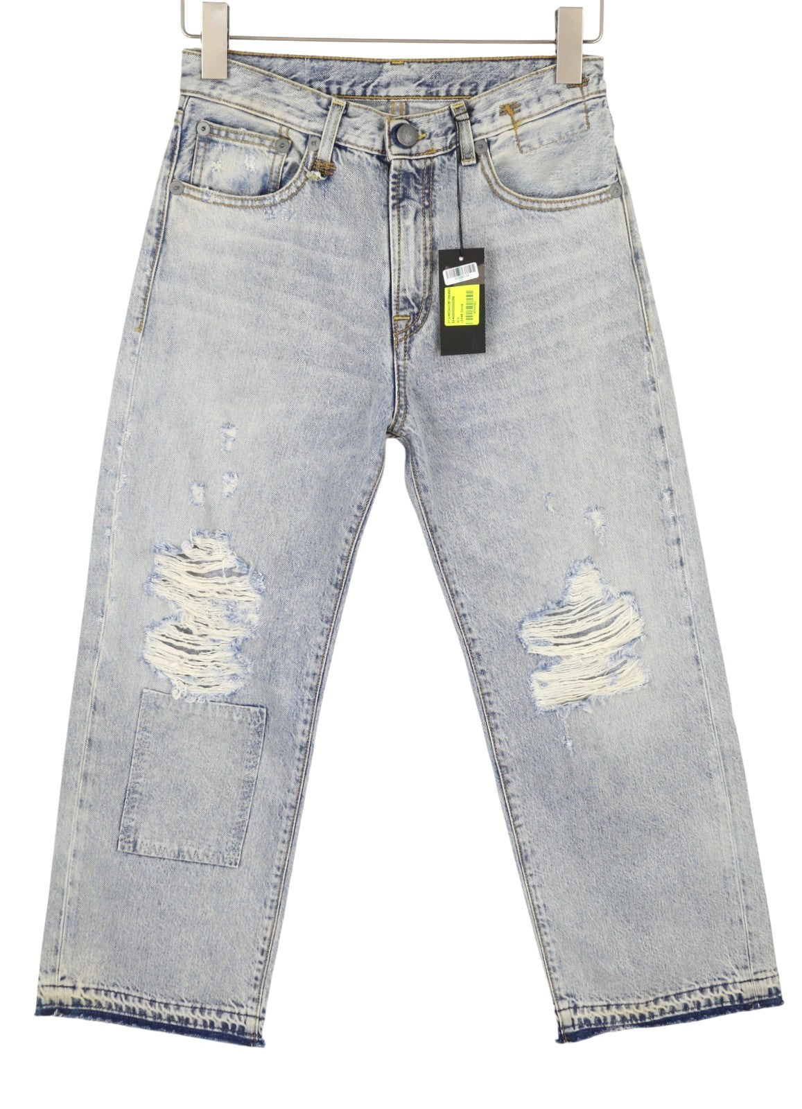 R13 Camille moteriški džinsai, 27 Leyton mėlyni, išblukę, apdriskę, trumpi iki kulkšnies. 