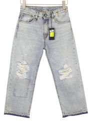 R13 Camille moteriški džinsai, 27 Leyton mėlyni, išblukę, apdriskę, trumpi iki kulkšnies. 