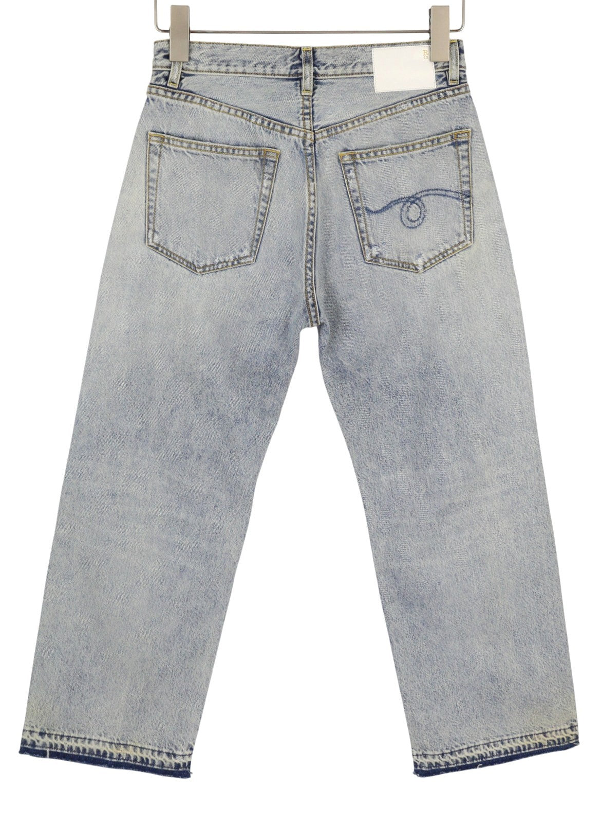 R13 Camille moteriški džinsai, 27 Leyton mėlyni, išblukę, apdriskę, trumpi iki kulkšnies. 