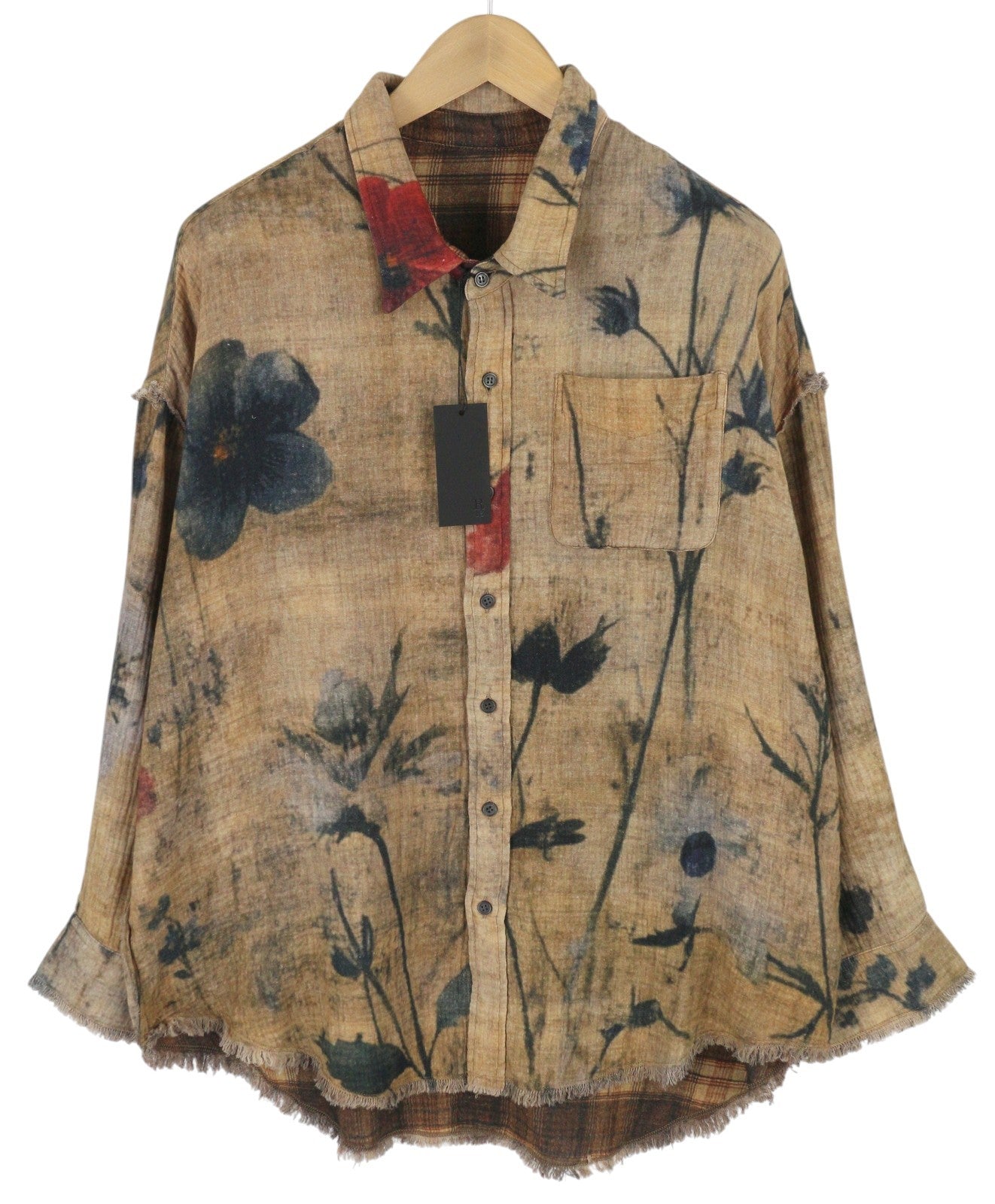 R13 Dvipusiai moteriški marškiniai su nugara S dydžio languotais kraštais ir chaki spalvos gėlėmis PF25 RRP1045 