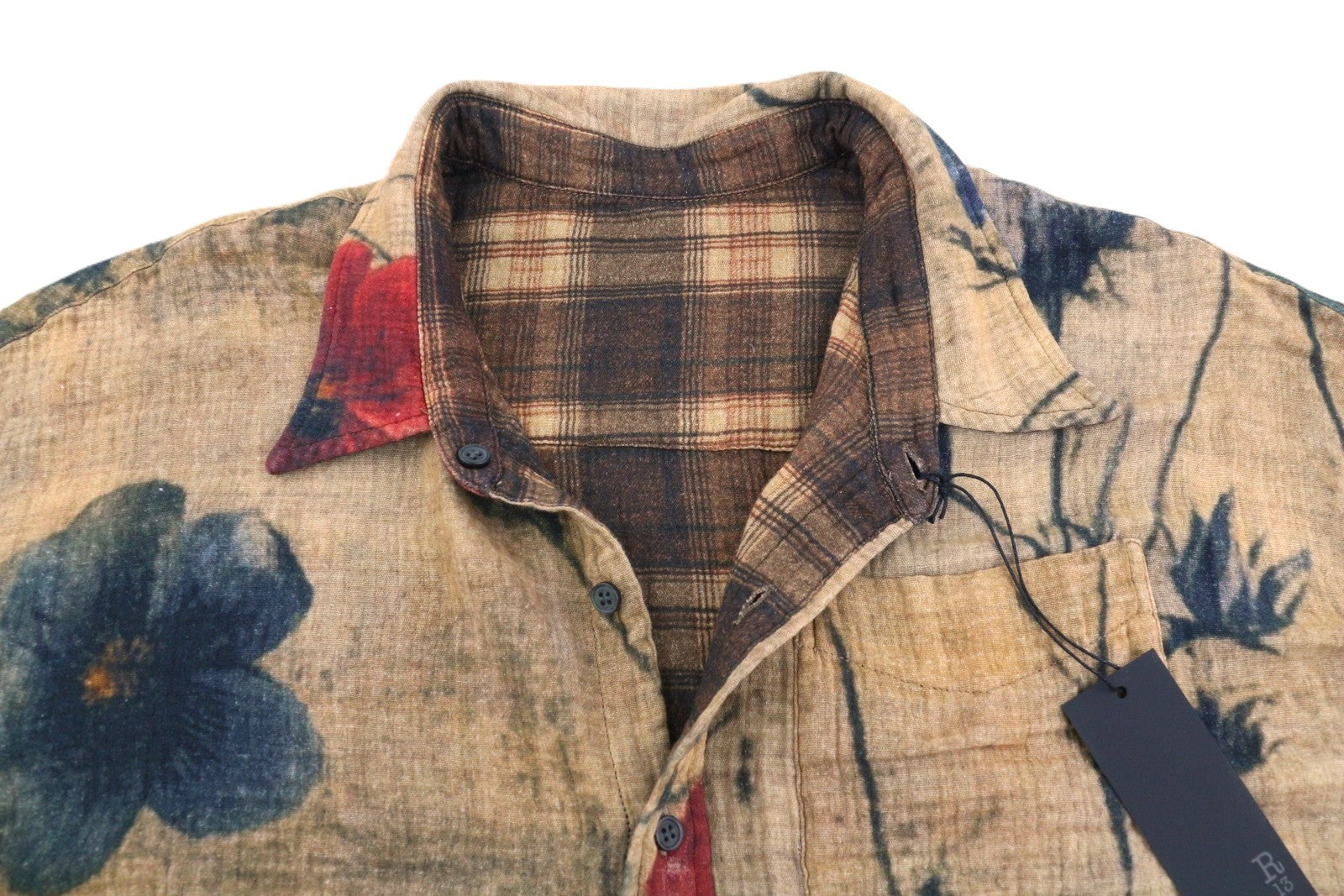 R13 Dvipusiai moteriški marškiniai su nugara S dydžio languotais kraštais ir chaki spalvos gėlėmis PF25 RRP1045 