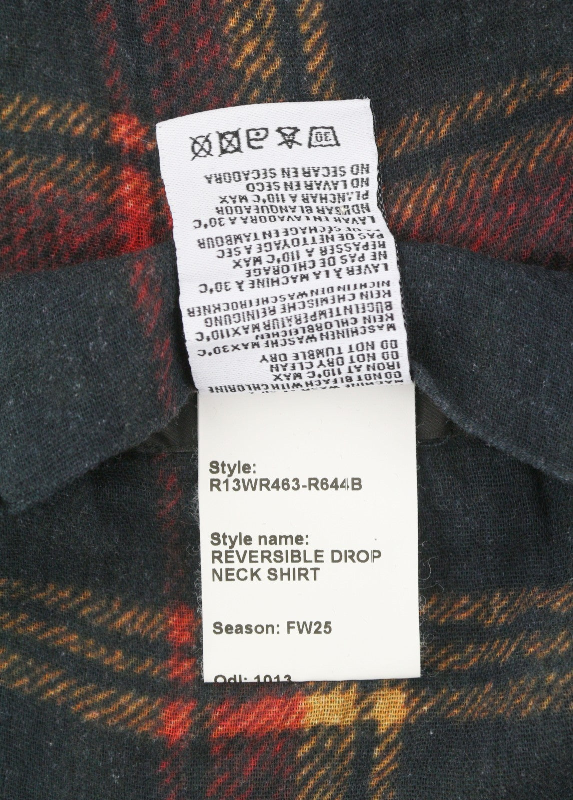 R13 Dvipusiai moteriški marškiniai su nugara, raudoni languoti su lapų kamufliažu S FW25 RRP1045 