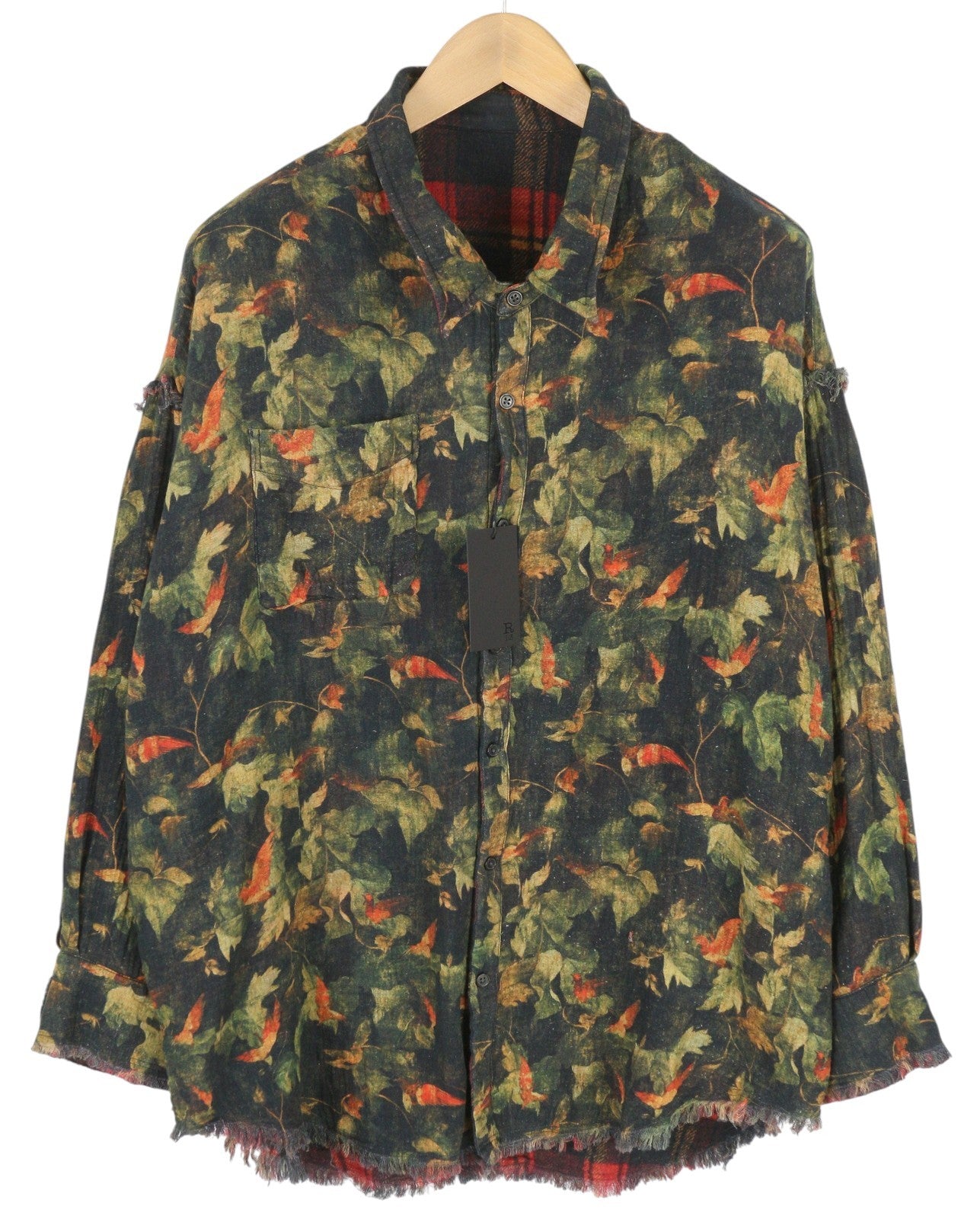 R13 Dvipusiai moteriški marškiniai su nugara, raudoni languoti su lapų kamufliažu S FW25 RRP1045 