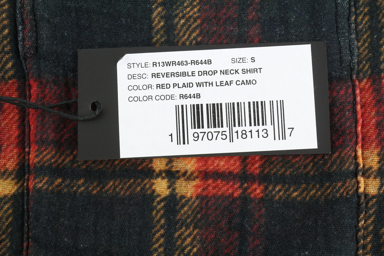 R13 Dvipusiai moteriški marškiniai su nugara, raudoni languoti su lapų kamufliažu S FW25 RRP1045 