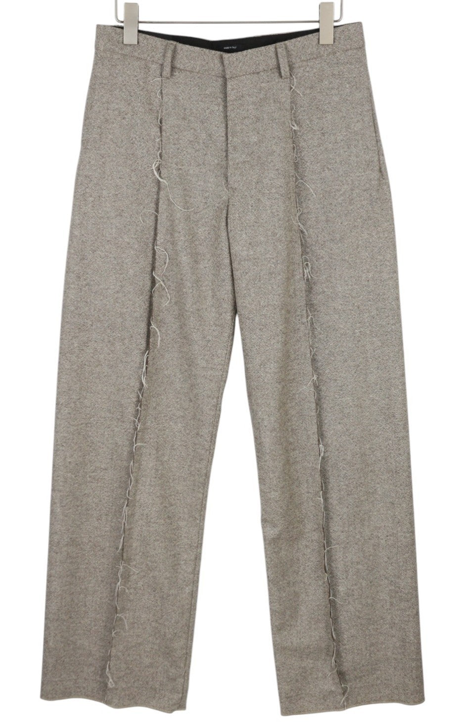 R13 moteriškos kelnės su atvira siūle 27 melanžo smėlio spalvos vilnonės kelnės su platėjančiomis klešnėmis su sagomis RRP799 