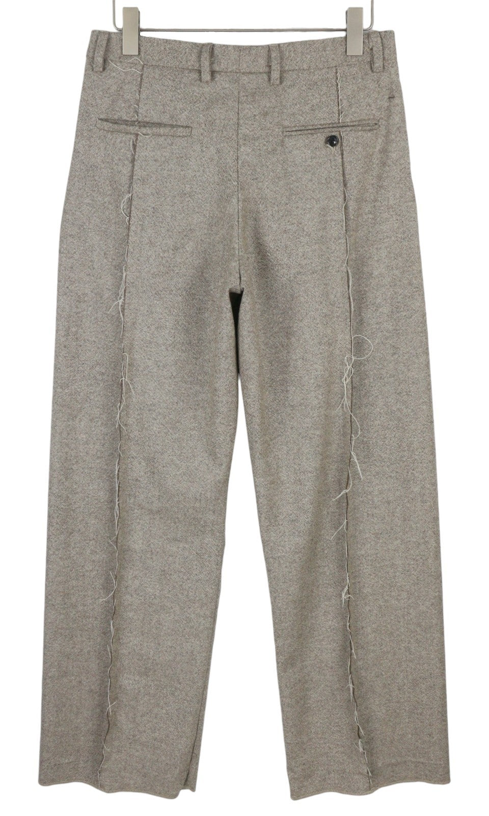 R13 moteriškos kelnės su atvira siūle 27 melanžo smėlio spalvos vilnonės kelnės su platėjančiomis klešnėmis su sagomis RRP799 