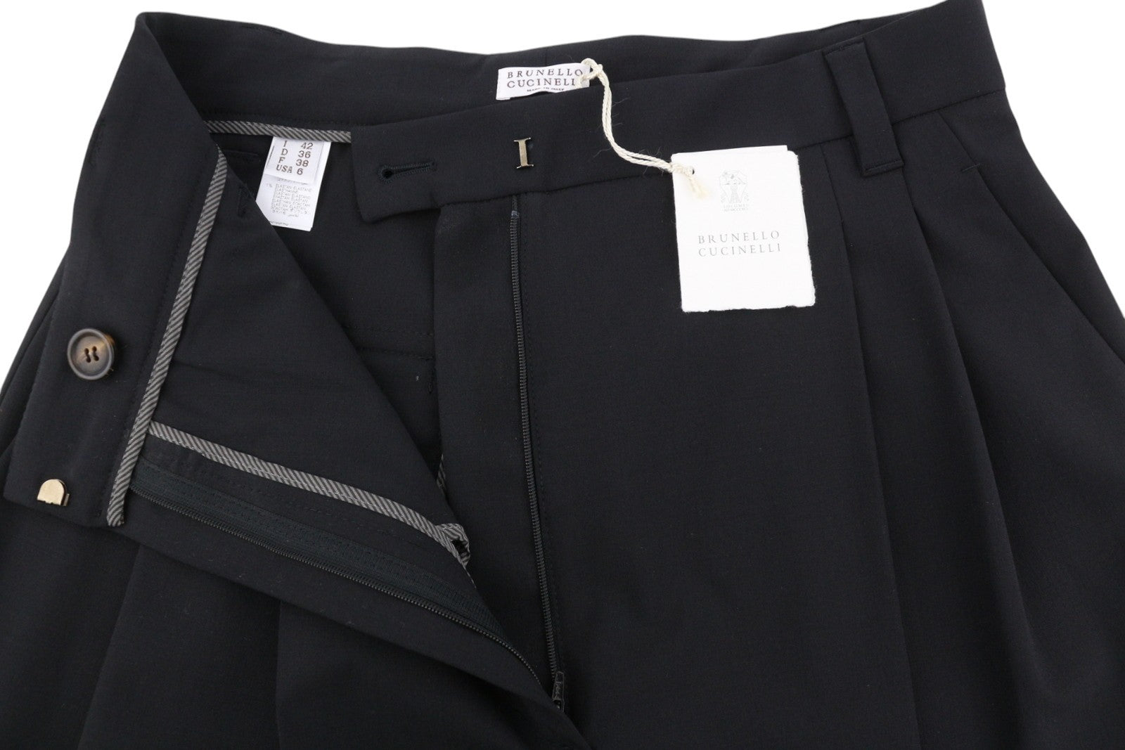 BRUNELLO CUCINELLI Women Trousers EU38 Black Pleated High Waist Zip Flared Leg