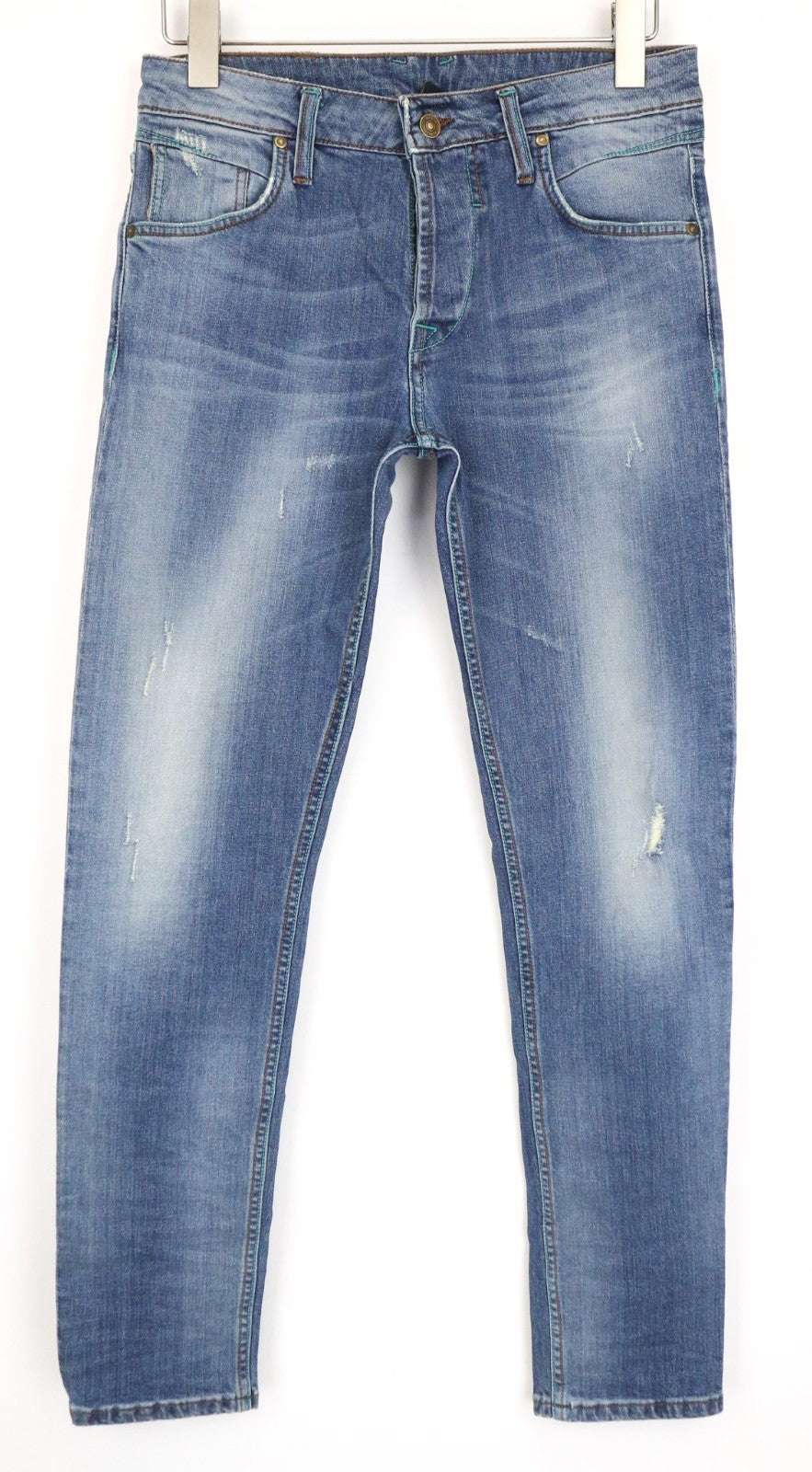 TAKESHY KUROSAWA TK75 Men's Jeans W34 Blue Stretch Slim Button-Fly Distressed