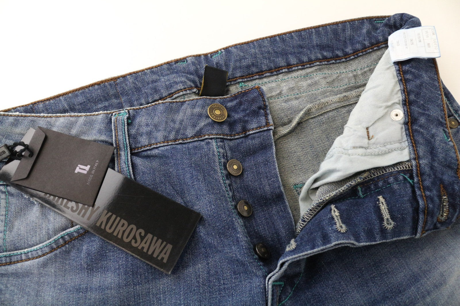 TAKESHY KUROSAWA TK75 vyriški džinsai W34 mėlyni, tamprūs, ploni, su sagomis, dirbtinio apnašų rašto
