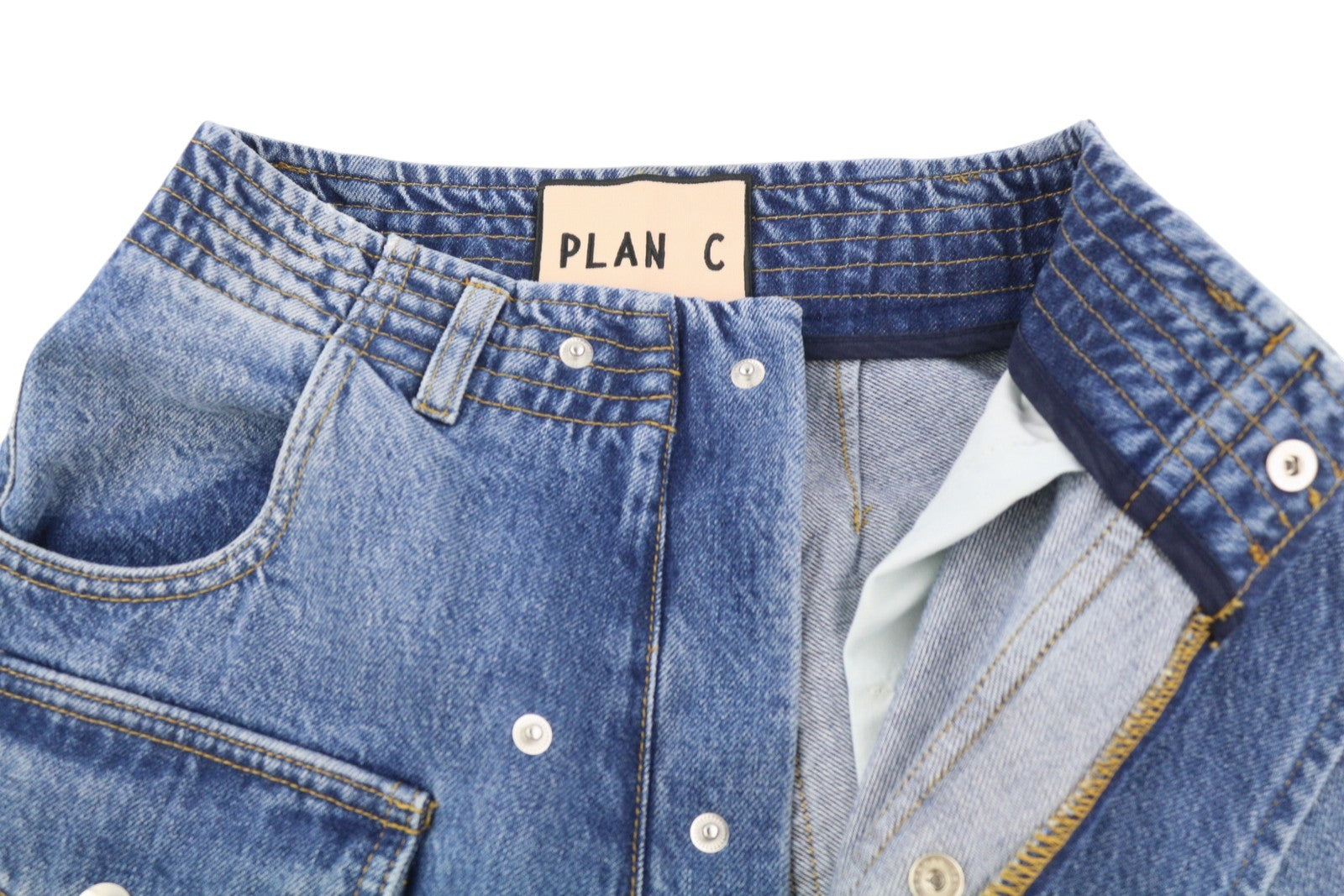 PLAN C Women Jeans 34 Blue Faded Cargo Wide Fit Denim Snap Details RRP579