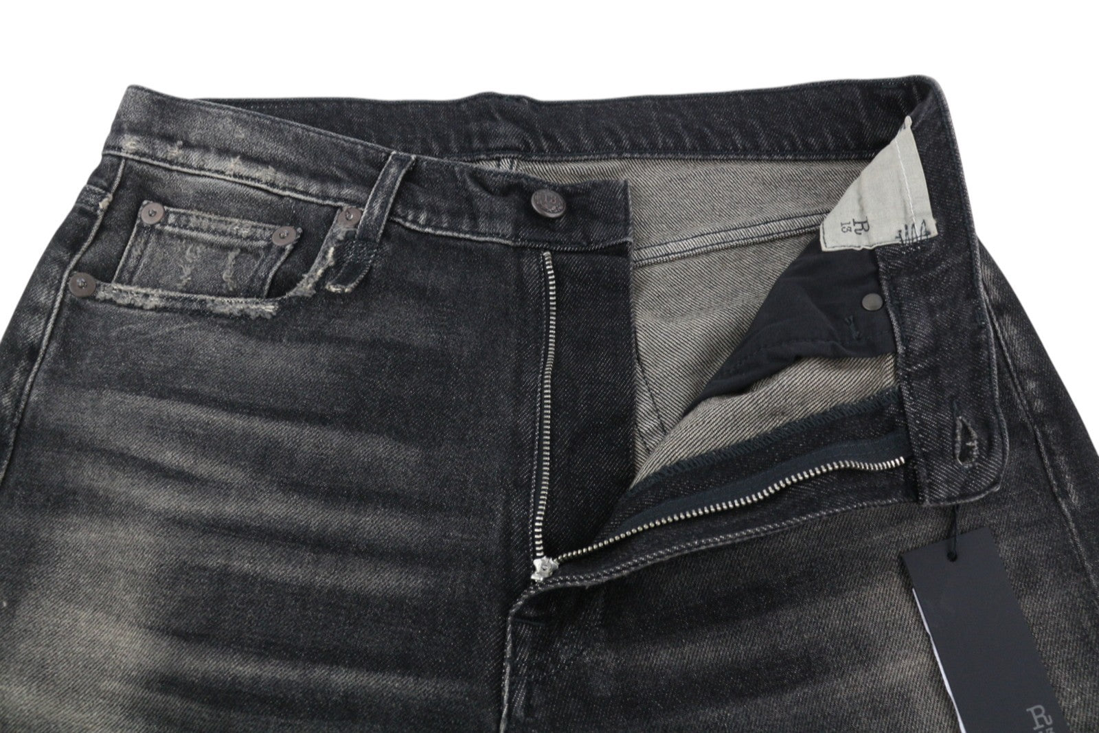 R13 Boyfriend Women Jeans 30 Abbey Black Washed Distressed Hem Relaxed Denim