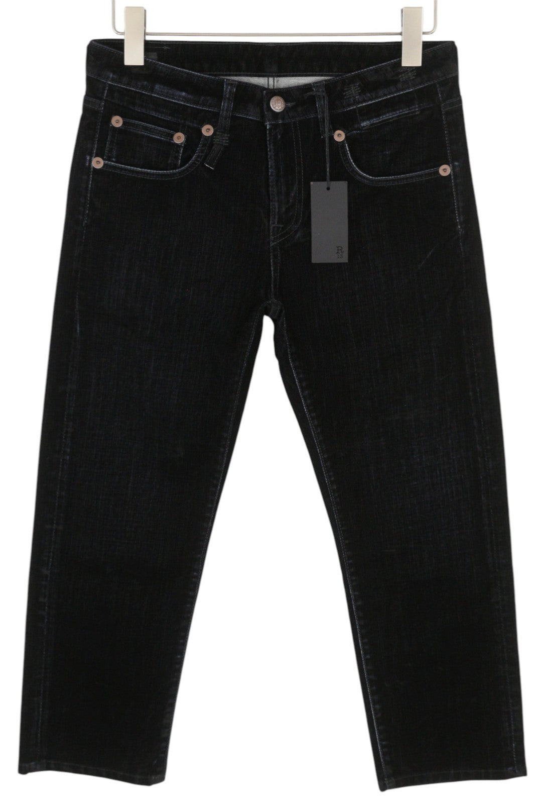 R13 Boy Straight Women Trousers 27 Flocked Black Velvet Cropped Ankle Zip Fly