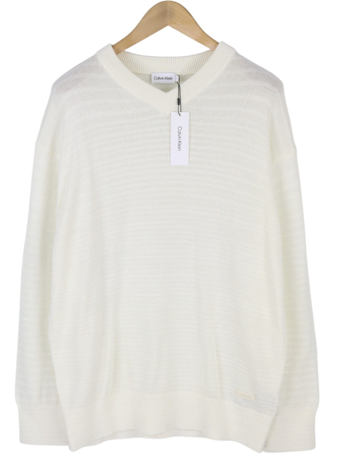 CALVIN KLEIN Tape Yarn Vn Men Jumper M White Textured Knit V Neck Pullover