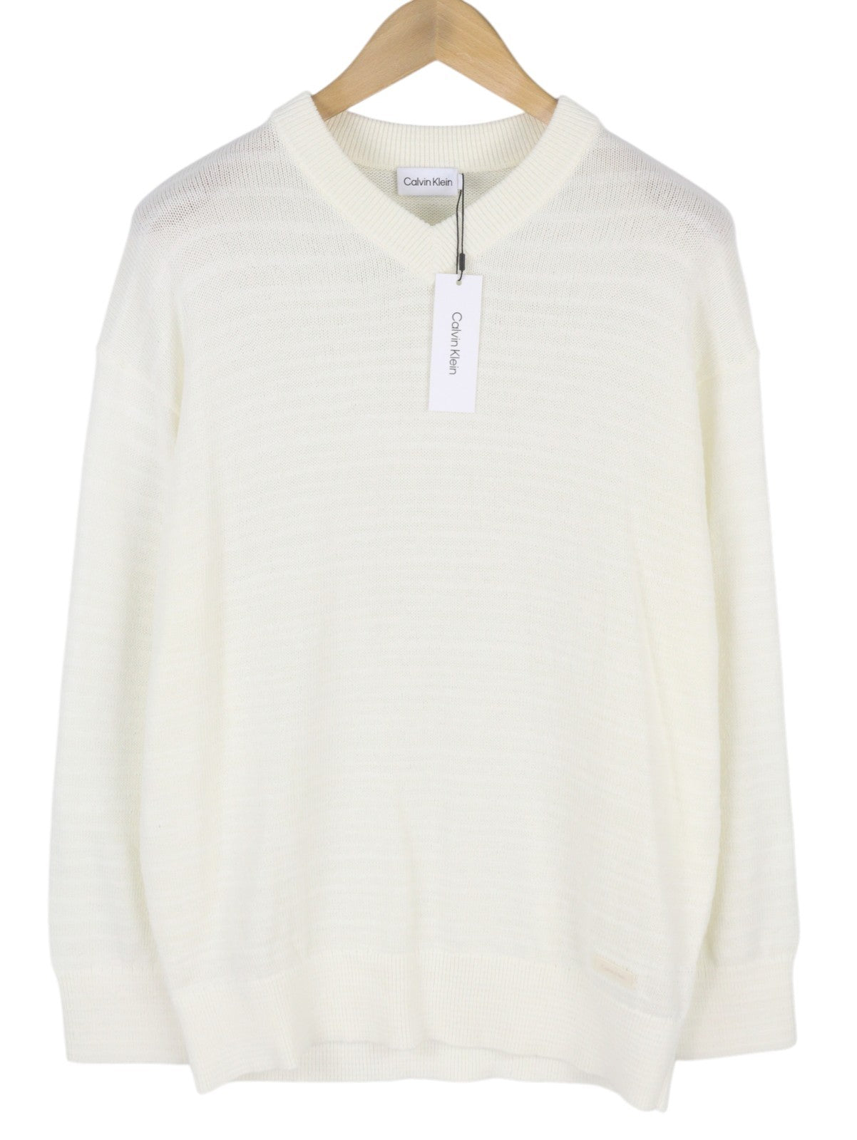 CALVIN KLEIN Tape Yarn Vn Men Jumper XS White Textured Knit V Neck Pullover