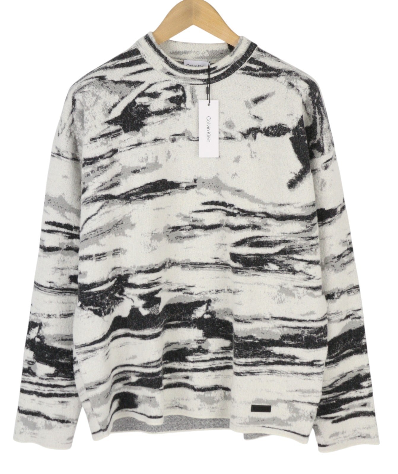 CALVIN KLEIN Abstract Jacquard Men Jumper L Grey Wool Alpaca Knit Pullover