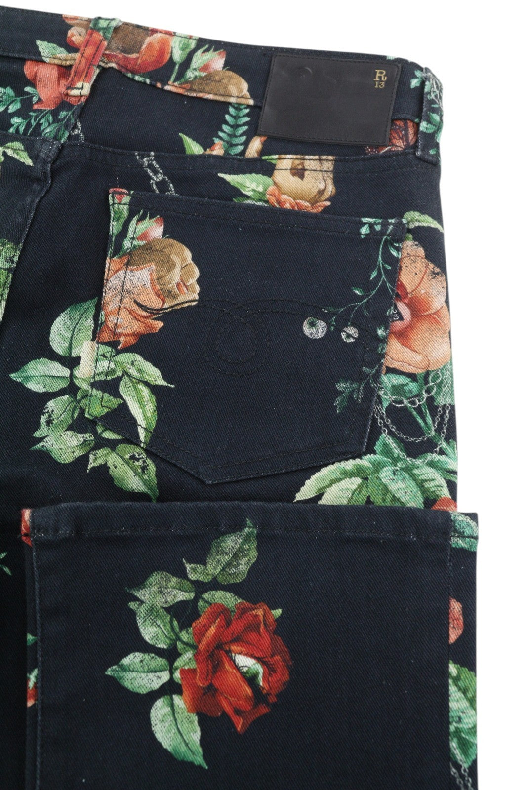 R13 Kick Fit Women Jeans 27 Useless Treasueres Floral Black Cropped Ankle