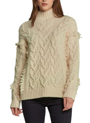 GANT Fringe Cable Turtle Women Jumper L Cream Wool Blend Tight Knit Pullover