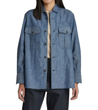 G-STAR Officer BF L/S Women Shirt M Blue Denim Look Linen Blend Button Oversized