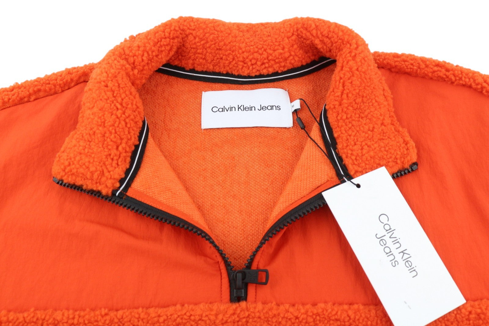 CALVIN KLEIN Badge Sherpa Half Men Sweatshirt M Orange Fleece Pullover RRP129