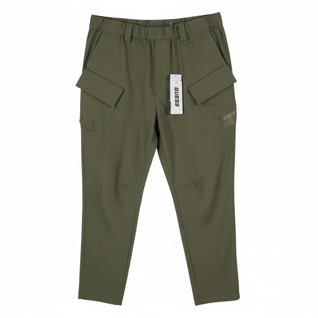 GUESS Men Trousers M Olive Green Elastic Waist Tapered Fit Mid Rise Cargo