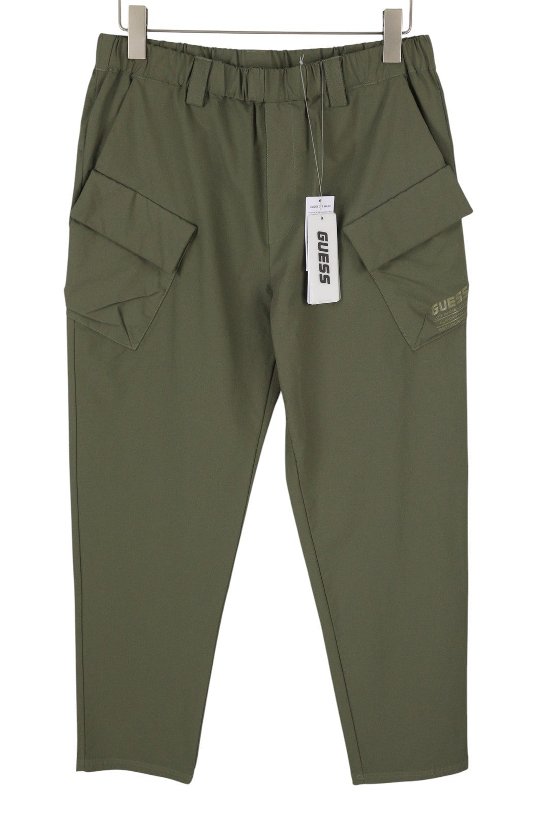 GUESS Men Trousers M Olive Green Elastic Waist Tapered Fit Mid Rise Cargo